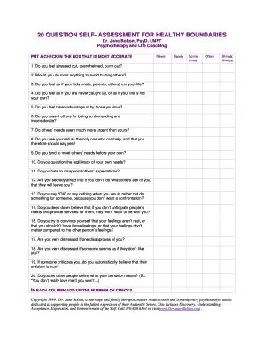 When using this handout with a group or individual, be sure to explore each section in depth. . 20 question self assessment for healthy boundaries scoring